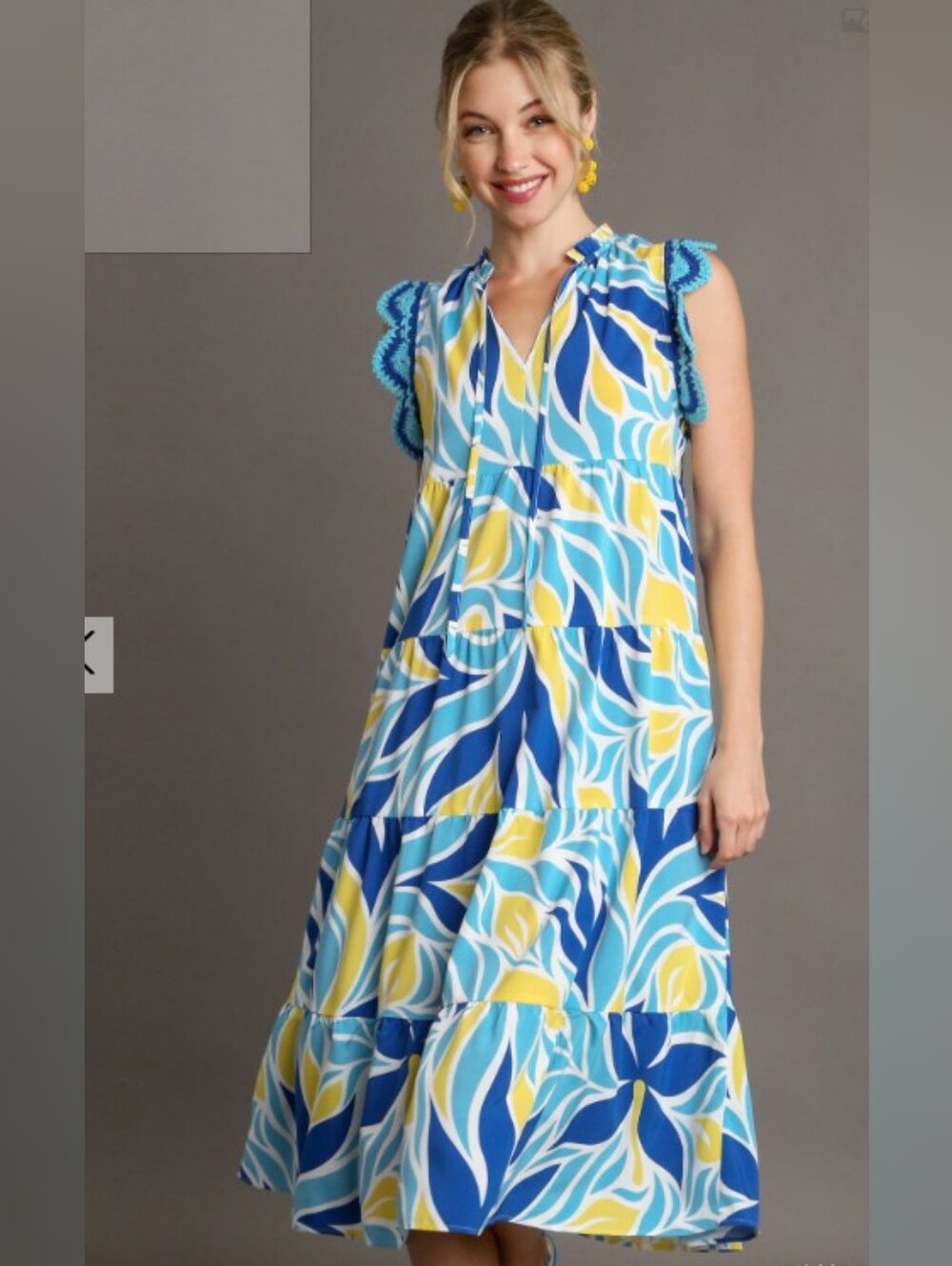 Umgee Blue, Aqua & Yellow Printed Tiered Maxi Dress NWT Small